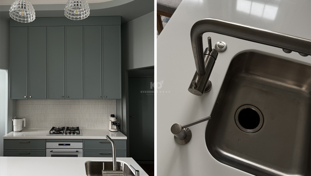 Идеальная рабочая поверхность острова + смеситель + дозатор + мойка и диспоузер от OMOIKIRI